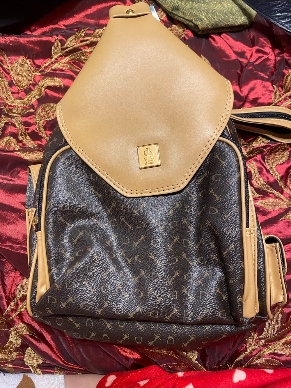 & Other Stories Tan Flap Brown Monogram Backpack